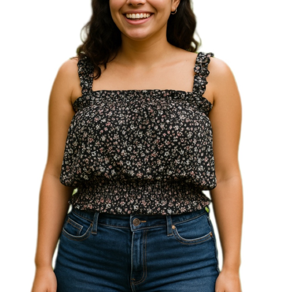 Lyn Burches Floral Smocked Crop Top  Ruffle Overlay Cottagecore Y2K